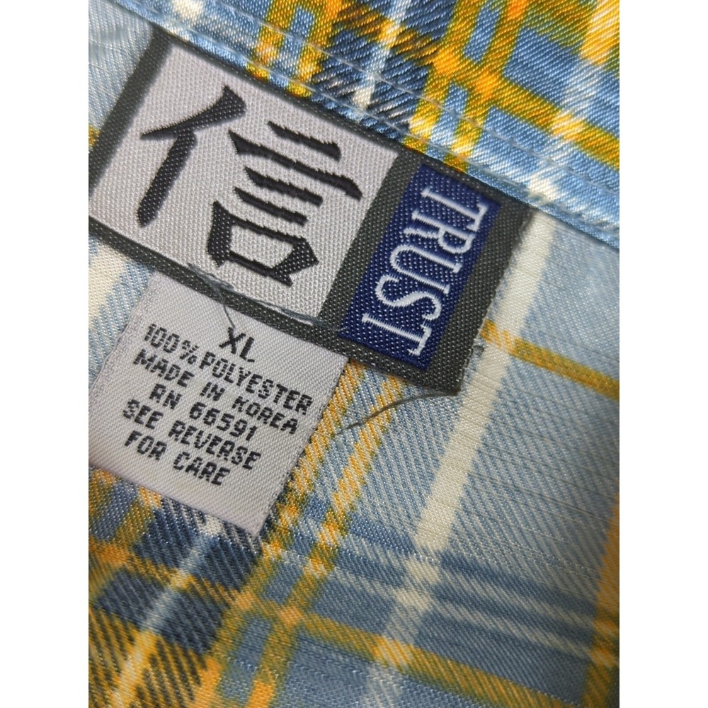 Trust Made Korea vintage men's XL blue yellow plaid Button front Shirt polyester - Picture 7 of 12